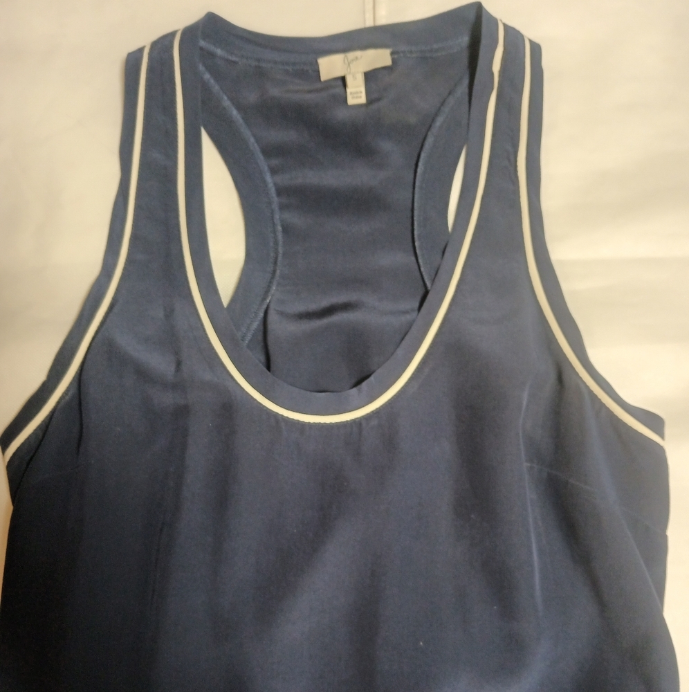 Joie Silk Dark Blue Tank Top with White Trim - Picture 3 of 7